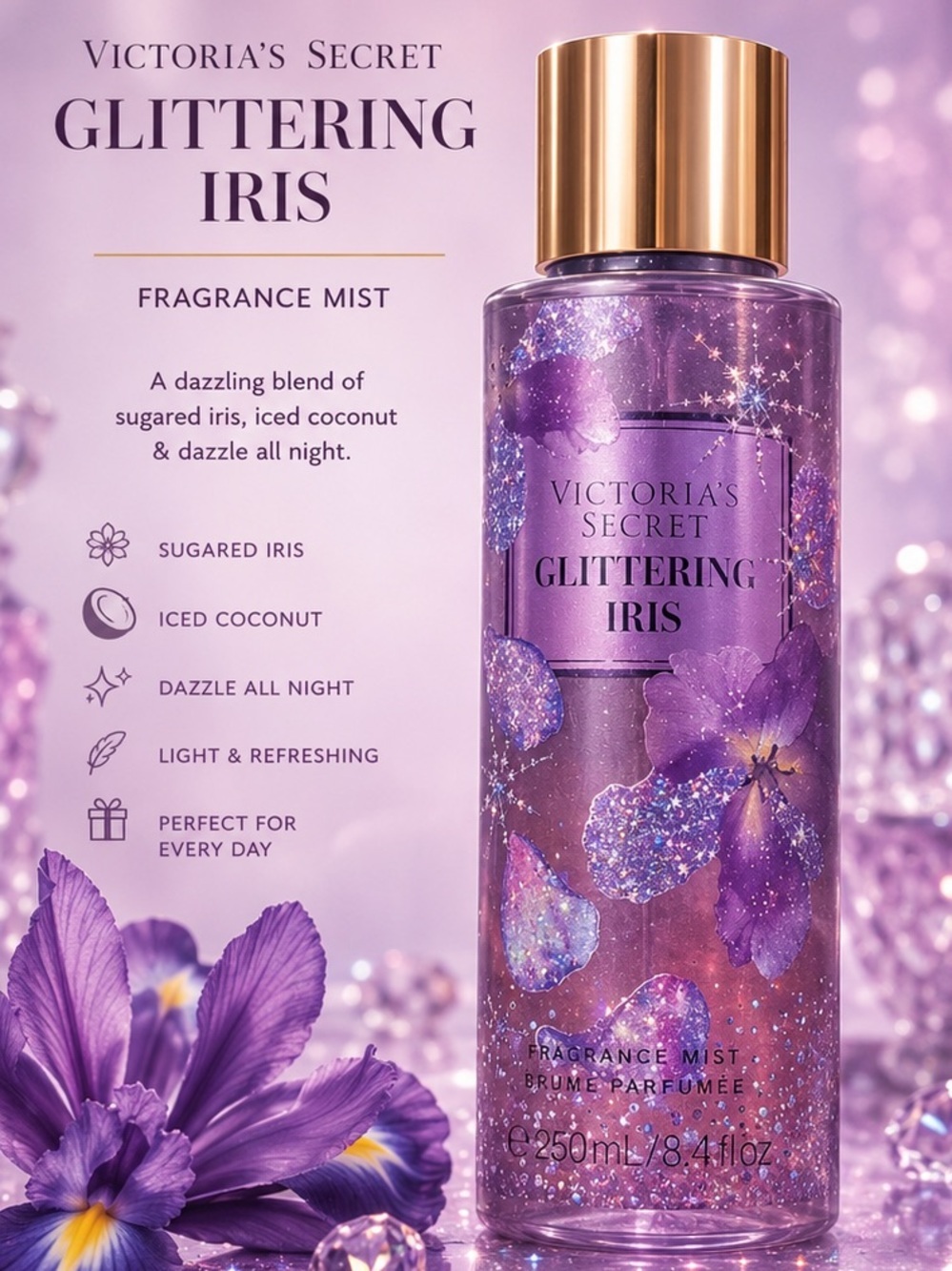 Victoria's Secret Glittering Iris Fragrance Mist - Purple with Gold Cap